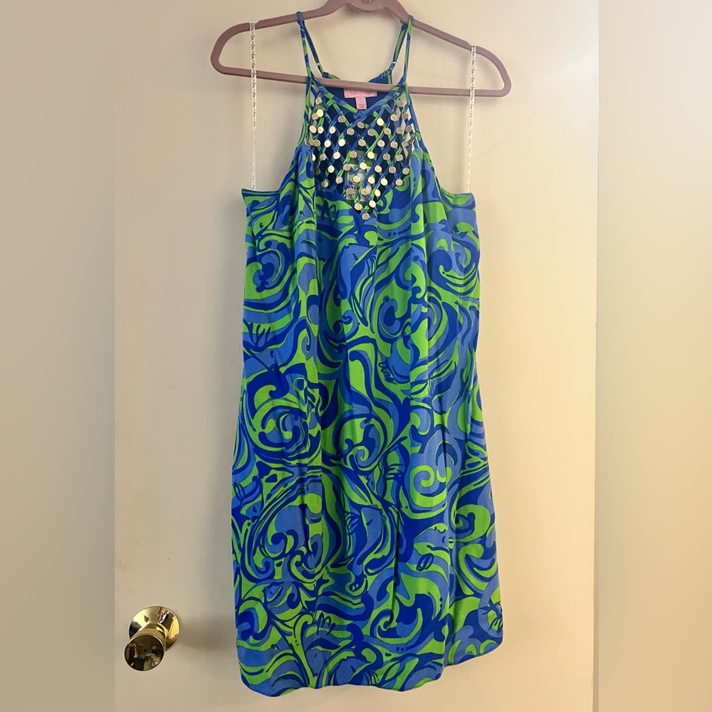 Lilly Pulitzer Blue and Green Dress with Gold Accents